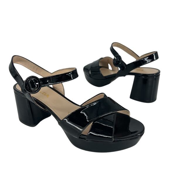 Prada Patent Leather Block Heel Platform Sandals Black